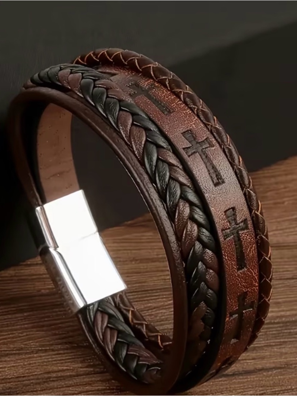 Brown Braided Leather Cross Bracelet for Men